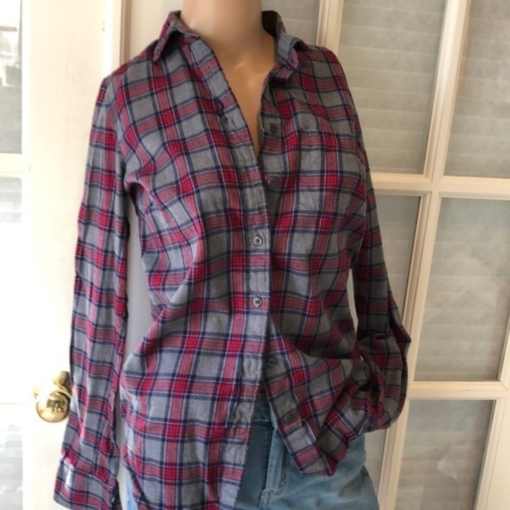 J Crew Gray/red/black checkered button down shirt
